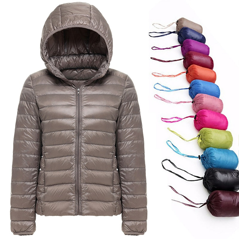 White Glaze Surface Laser Colorful down Jacket Female Mid-Length Winter  Clothing New White Duck down Hooded Thickened Jacket